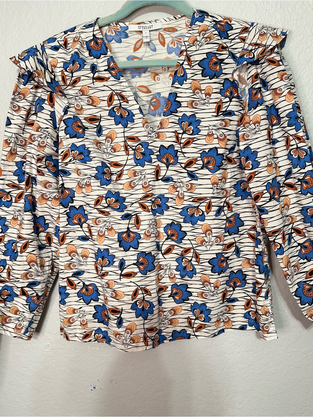 Derek Lam Blue & Orange Floral V-Neck Blouse